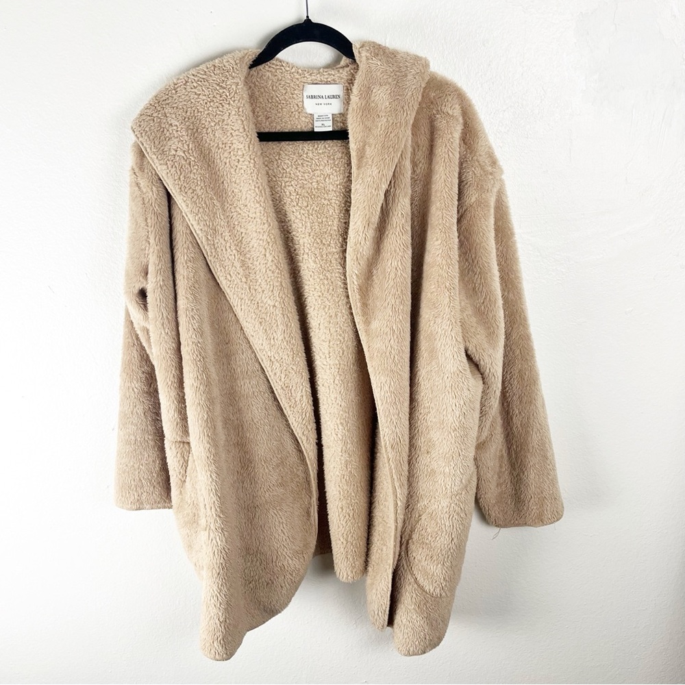 SABRINA LAUREN New York Tan Hooded Fuzzy Long Sleeves Open Front Jacket Size XL